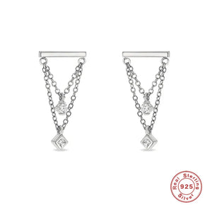Sterling Silver Double Chain Tassel Zircon Dangle Earrings