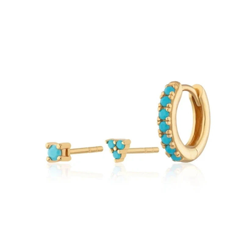 925 Silver Turquoise Zircon CZ Stud Earrings Colorful Crystal Circle Piercing