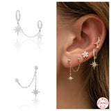 925 Silver Circle Hoop Earrings Zircon Star Tassel Huggie Earring