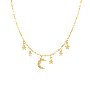 925 Silver Safety Pin Brooch Charm Necklace Moon Star Pendant Choker Jewelry