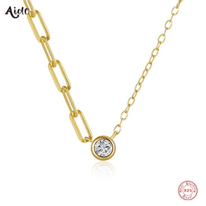 925 Silver Asymmetrical Chains Necklace CZ Zircon Charm Choker