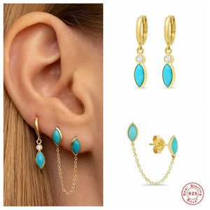 925 Silver Vintage Turquoise Oval Stone Pendant Earrings Double Studs Chain