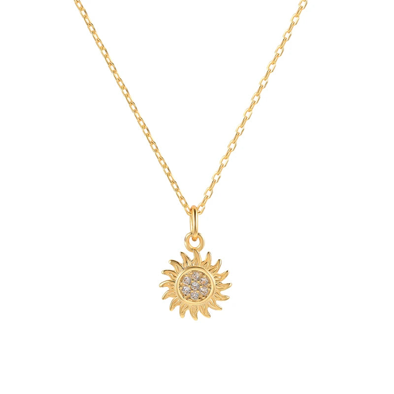 925 Silver Vintage Sunflower Pendant Necklaces Zircon Star Charm