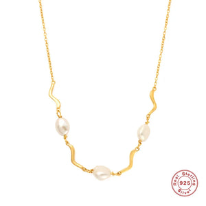 925 Silver Vintage Wave Pearl Necklace 18K Plated Choker