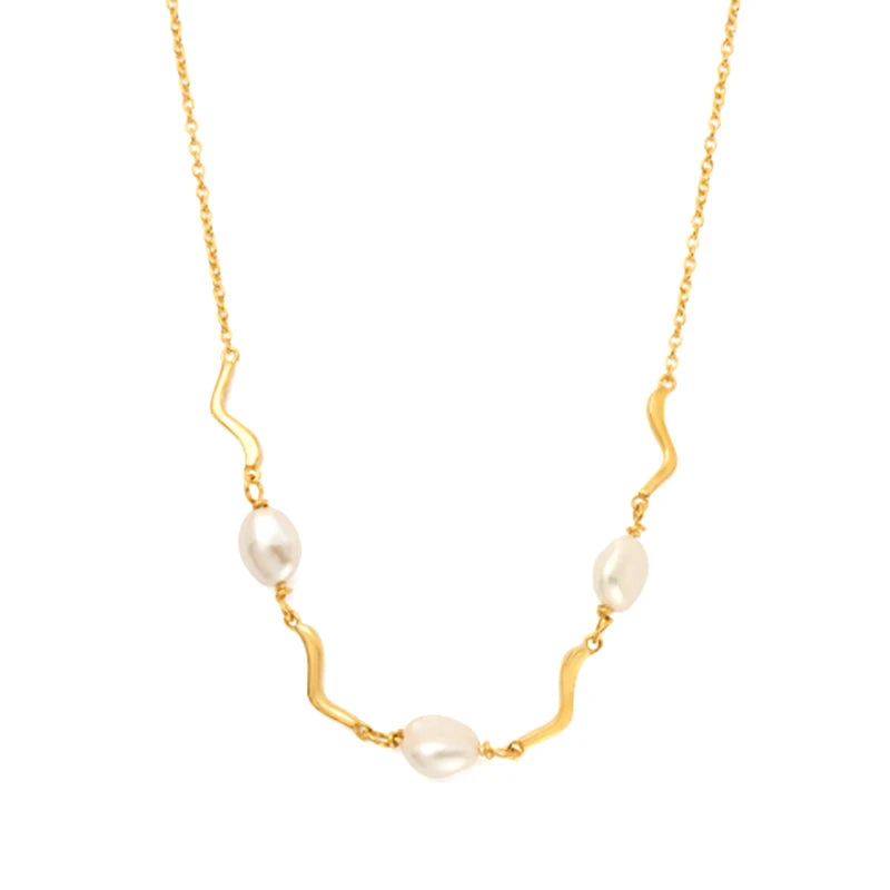 925 Silver Vintage Wave Pearl Necklace 18K Plated Choker