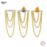 925 Silver Champagne Zircon Bar Stud Earrings with Tassel Dangling Chains