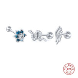 925 Silver CZ Flower Snake Stud Earrings Zircon Wing Ear Studs