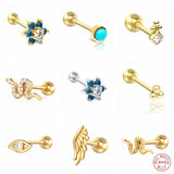 925 Silver CZ Flower Snake Stud Earrings Zircon Wing Ear Studs