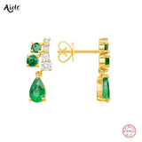 925 Sterling Silver Green CZ Line Stud Earrings With Water Drop Crystal Charm