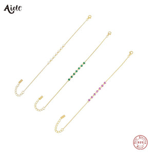 925 Silver Green Red Zircons Chain Bracelet Women Minimalist Stackable Brac