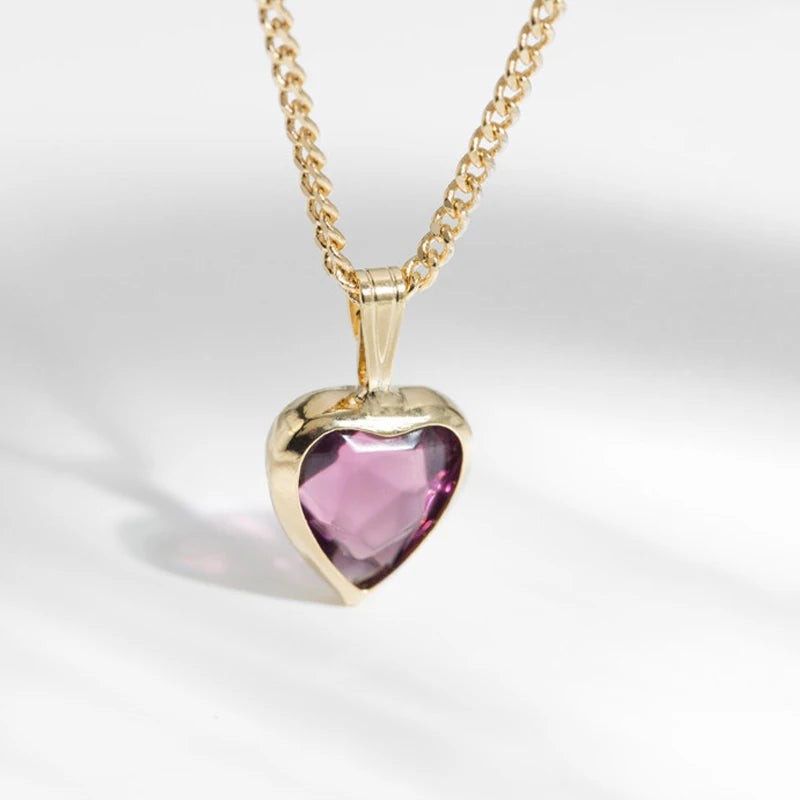 925 Silver Heart Pendant Necklace Yellow Purple CZ Zircon Women Choker