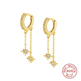 925 Silver Zircon Star Drop Earrings Double Chain Tassel Circle Dangles