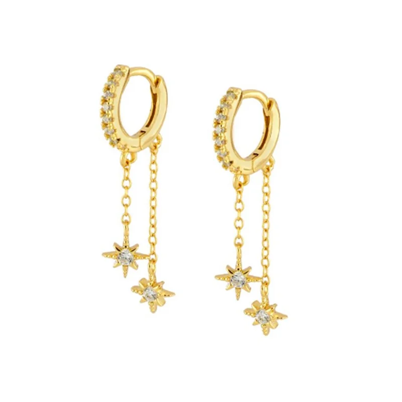 925 Silver Zircon Star Drop Earrings Double Chain Tassel Circle Dangles