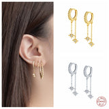 925 Silver Zircon Star Drop Earrings Double Chain Tassel Circle Dangles