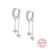 925 Silver Zircon Star Drop Earrings Double Chain Tassel Circle Dangles