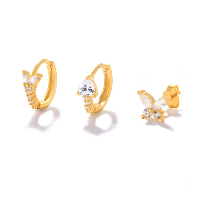 925 Silver Zircon Butterfly Stud Earrings Set Gift 3 4 PCs/Set