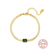 925 Silver Snake Chain Bracelet Green Purple Zircon Charm