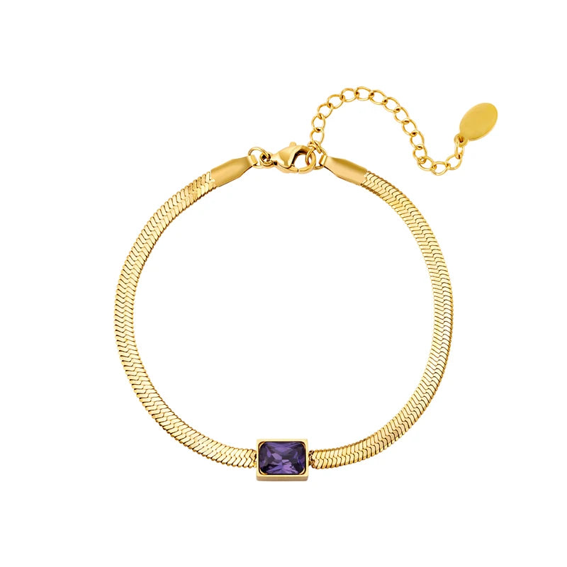 925 Silver Snake Chain Bracelet Green Purple Zircon Charm