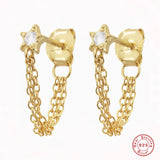 925 Silver Zircon Star Stud Earrings 3 Chain Tassel Front Back Earrings
