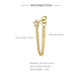 925 Silver Zircon Star Stud Earrings 3 Chain Tassel Front Back Earrings