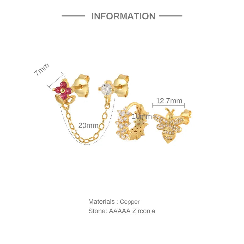 Classic Copper Earrings Set Colorful Zircons Flower Bee Chain 3/4 pcs Jewelry