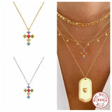 Rainbow Colorful Zircon Cross Pendant Necklace Crystal Jewelry