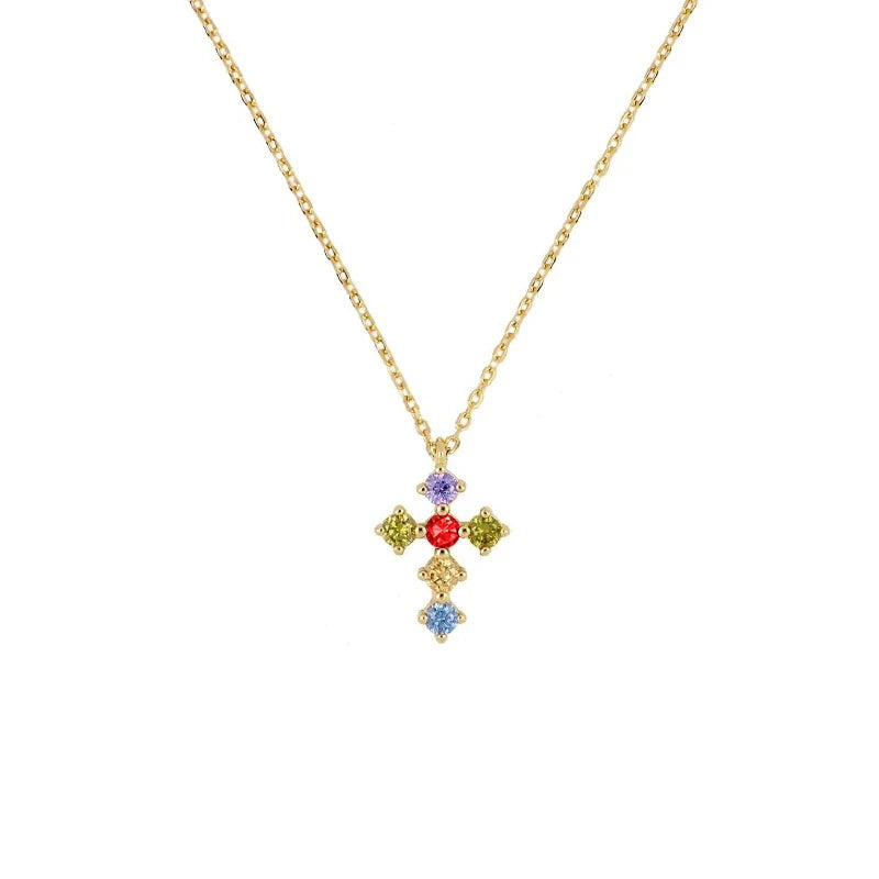 Rainbow Colorful Zircon Cross Pendant Necklace Crystal Jewelry
