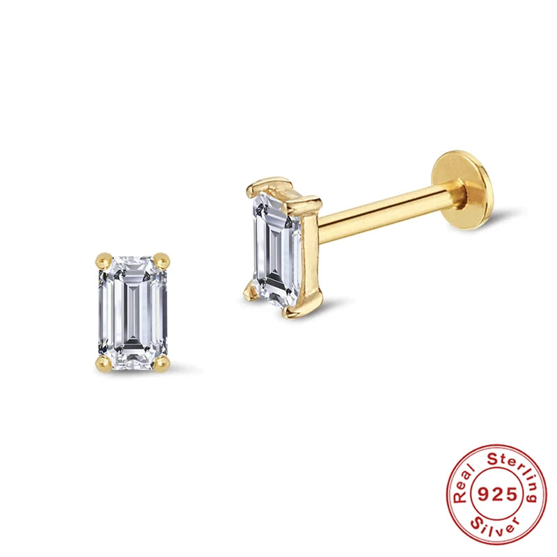 925 Silver Zircon Stud Earrings Threaded Drop Piercing Jewelry