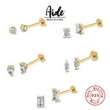 925 Silver Zircon Stud Earrings Threaded Drop Piercing Jewelry