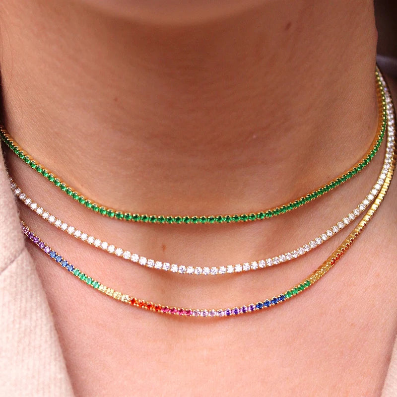 Silver Thick Chain Necklace Women Colored Zircons Pave Setting Choker