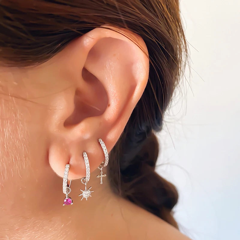 Silver Zircon Hoop Earrings Moon Star Heart Pendant Women Party Jewelry
