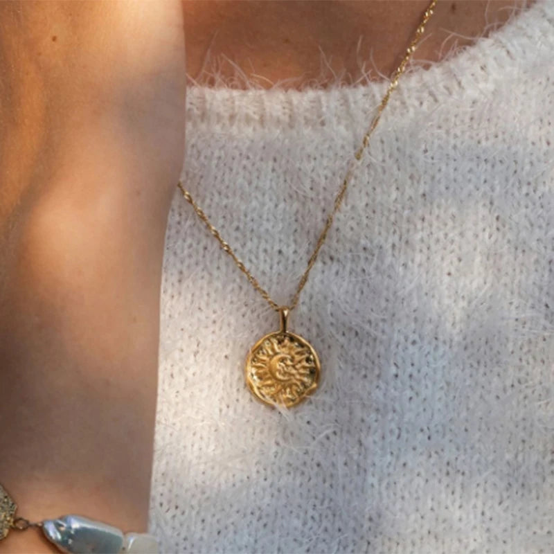 Vintage Sun Moon Charm Celestial Dainty Necklace Green Zircon Cone Pendant