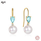Sapphire Zircon Pearl 925 Silver Drop Earrings For Women