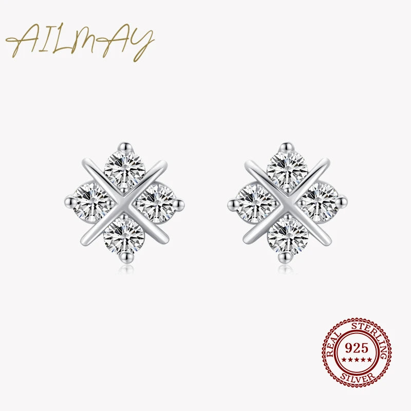 925 Silver Clear CZ Flower Stud Earrings Women Hypoallergenic Jewelry