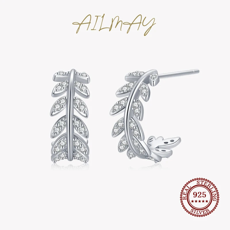925 Silver Zircon Leaf Stud Earrings Wedding Jewelry