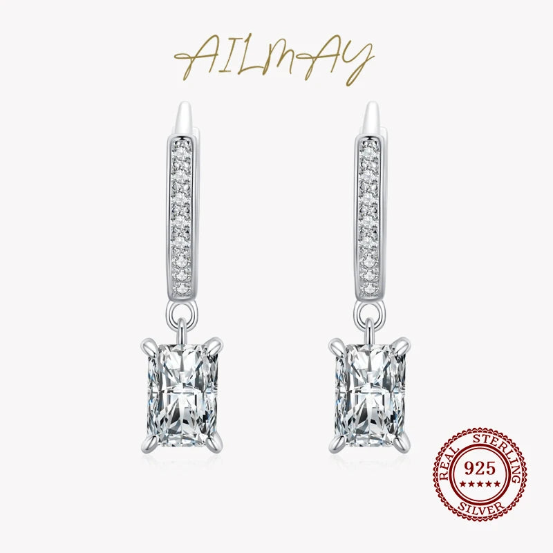 925 Silver CZ Rectangle Drop Earrings Wedding Jewelry