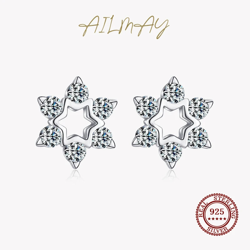 925 Sterling Silver Sparkling Stars Clear CZ Stud Earrings