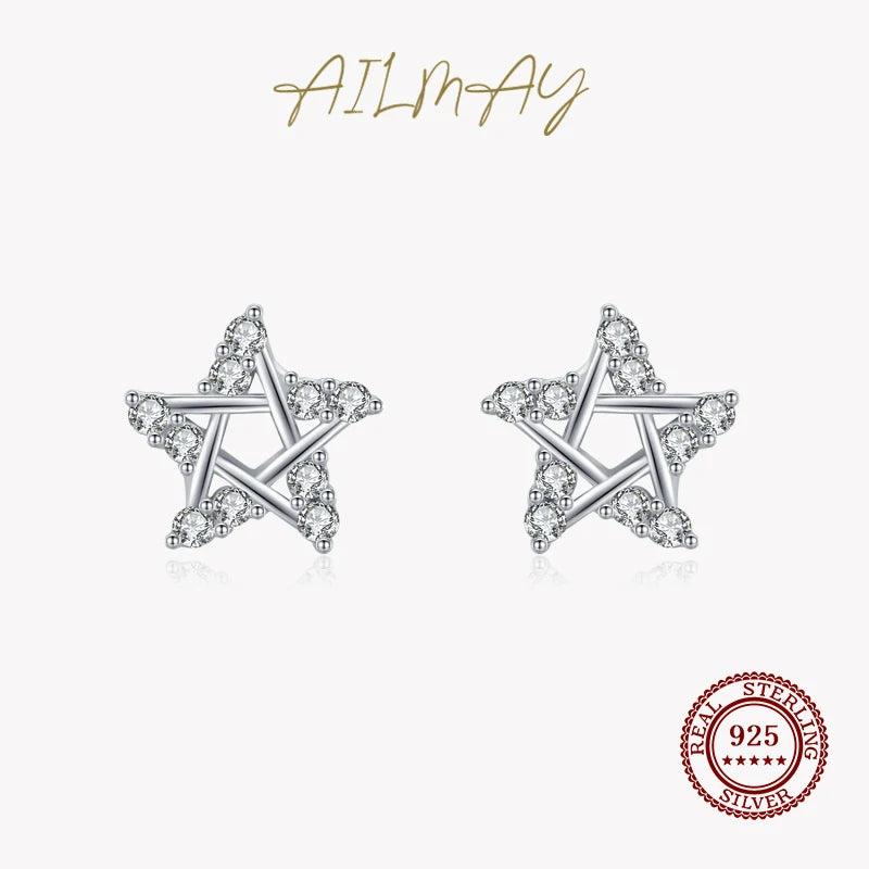 925 Silver Star Clear Zircon Stud Earrings Women Jewelry Gift