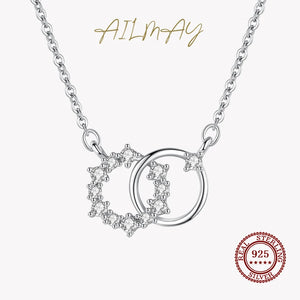 925 Sterling Silver Double Circle Tiny Flower Round Sterling Pendant Necklace