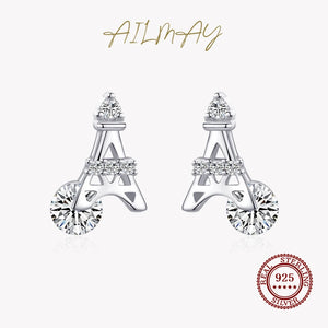 925 Silver Eiffel Tower Zircon Stud Earrings Minimalist Fine Jewelry
