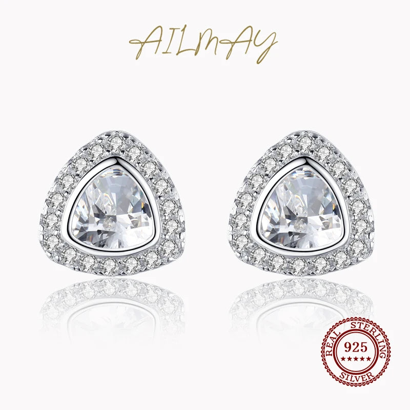 925 Silver Triangle Stud Earrings Zircon Wedding Jewelry