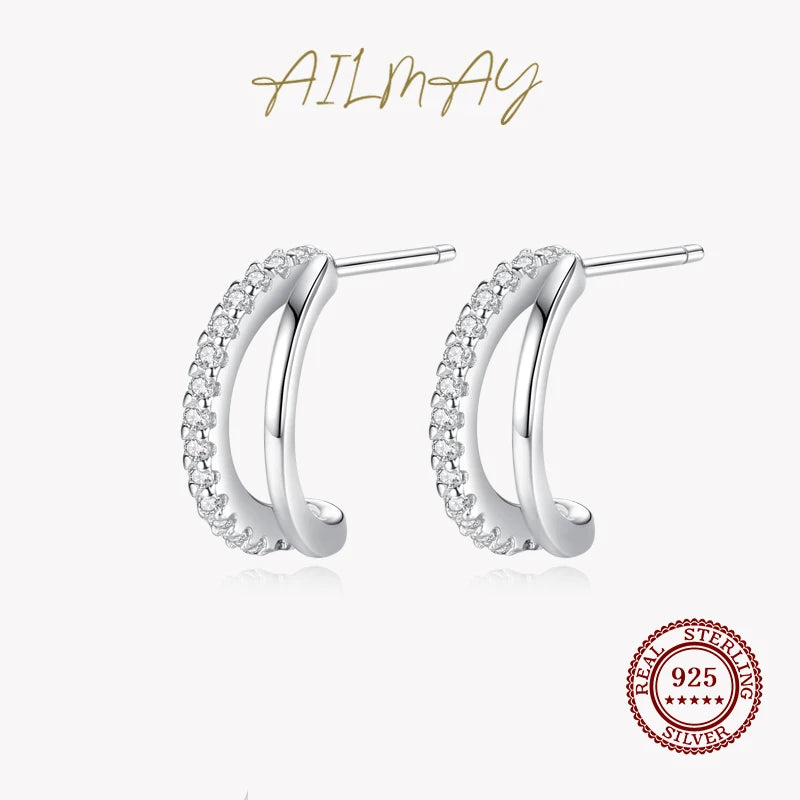 925 Silver CZ Geometric Line Earrings Wedding Jewelry