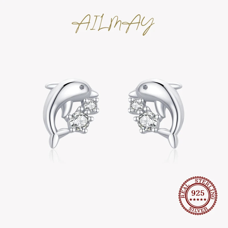 Dolphin Stud Earrings 925 Sterling Silver Zircon Animal Earrings Women