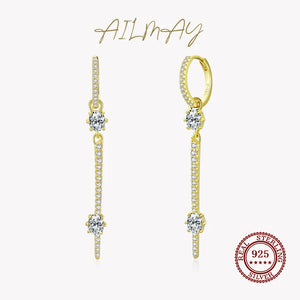 925 Silver Clear CZ Swing Drop Hoop Earrings Wedding Fine Jewelry