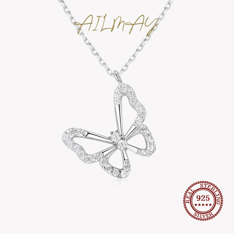 925 Silver Butterfly Charm Necklace Clear Zircon Women Jewelry