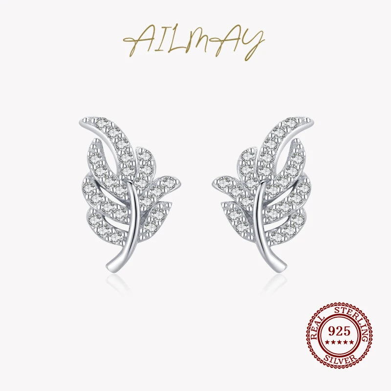 Lucky Tree Leaf Cz Stud Earrings 925 Sterling Silver For Women Wedding