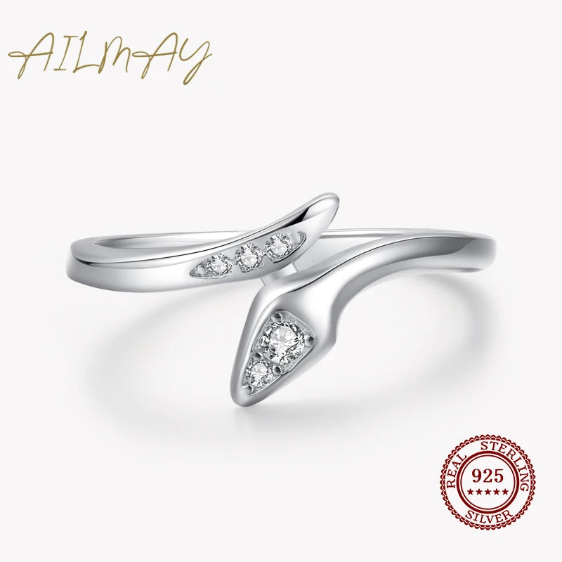 925 Silver Snake Shape Open Adjustable Finger Ring Women Girls Party Jewelry