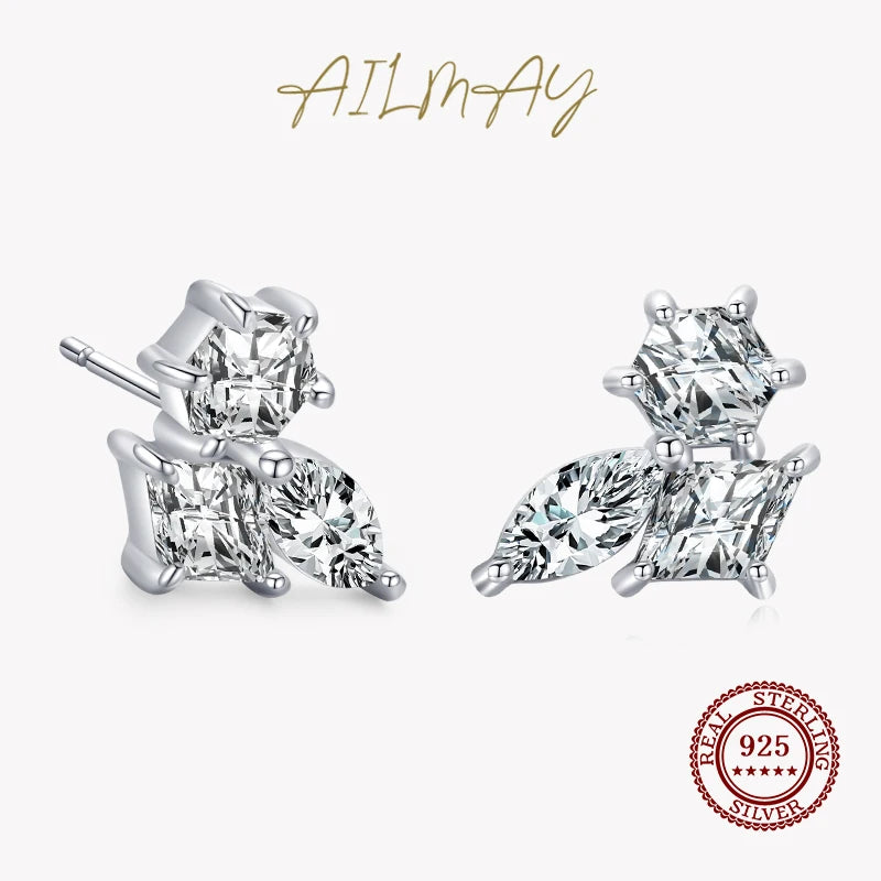 Irregular Emerald Cut CZ Stud Earrings 925 Sterling Silver