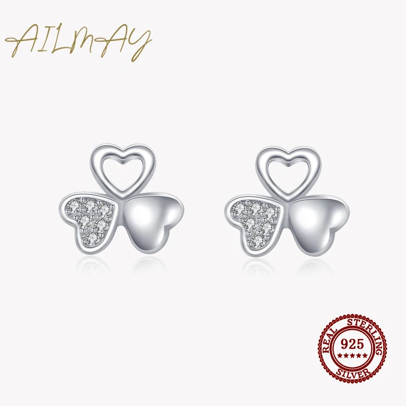 Real 925 Silver Clover CZ Stud Earrings Wedding Jewelry