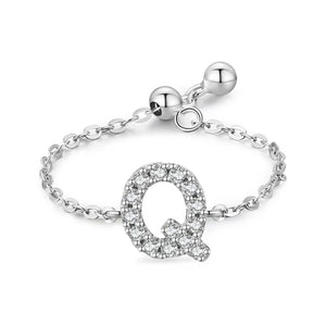 925 Sterling Silver 26 Letters Adjustable Chain Rings for Women Wedding Jewelry